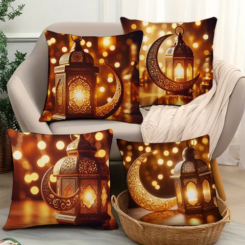 Peach Skin Velvet Pillow Cover Gold Moon Lantern Printed Cushion Cover Decorative Holiday Home Textile Pillowcase