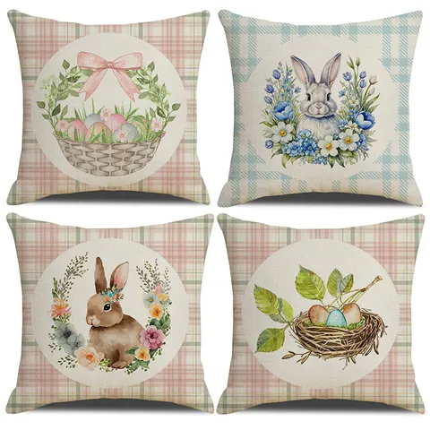 Housse de Coussin Thème Lapin de Pâques Lin Décoratif Carré Moderne Minimaliste Décor de Canapé
