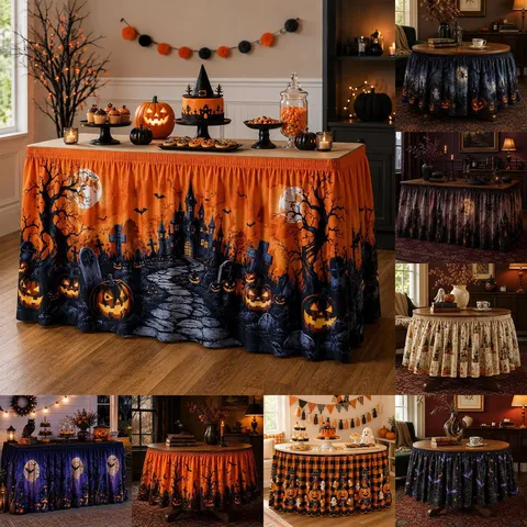 Φούστα Τραπεζιού Halloween με Μοτίβο Κολοκύθας Κάστρου Φαντάσματος Εκτυπωμένο Τραπεζομάντηλο Διακόσμηση Πάρτι