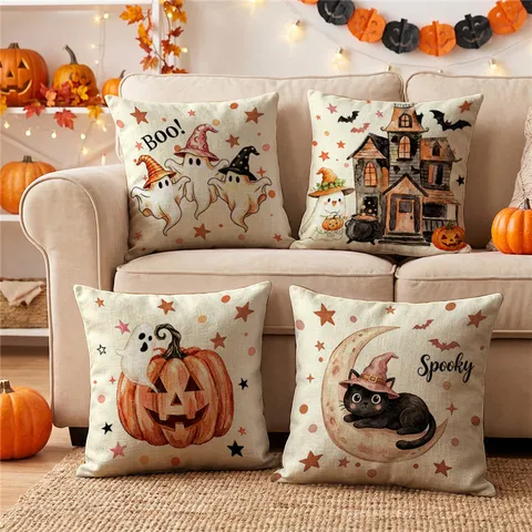 Θήκη Μαξιλαριού Halloween από Λινό Τετραγωνισμένο Τρομακτικό Κολοκύθα Φάντασμα Εκτυπωμένο Διακοσμητικό Για Σπίτι