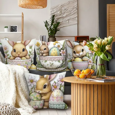 Housse de Coussin Décorative Lapin Œuf de Pâques Style Nordique Peau de Pêche pour Salon