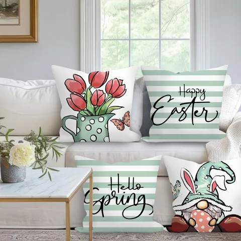 Easter Holiday Pillow Cover Floral Rabbit Letter Print Peach Skin Cushion Cover For Sofa Home Bedroom