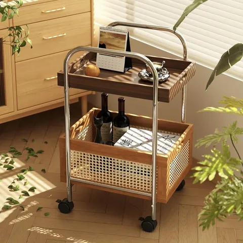 Vintage Rolling Storage Cart Multi Tier Utility Cart Mobile Trolley with Wood Tray and Wheels for Living Room Kitchen