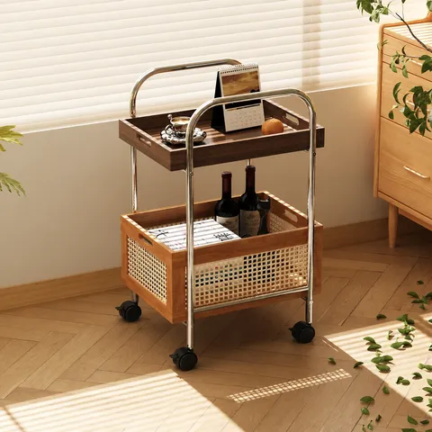 Vintage Rolling Storage Cart Multi Tier Utility Cart Mobile Trolley with Wood Tray and Wheels for Living Room Kitchen