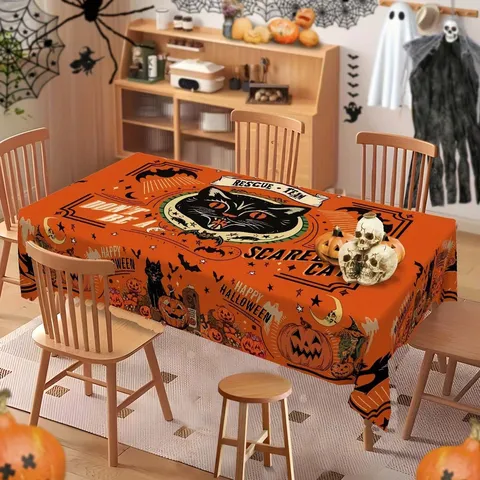 Тραπεζομάντηλο Halloween Αδιάβροχο Ανθεקτικό στη Σκόνη Κάλυμμα Τραπεζιού Τρομακτική Κολοκύθα Μαύρη Gάτα Τραπεζομάντηλο για Σπίτι Κουζίνα Πάρτι Διακόσμηση