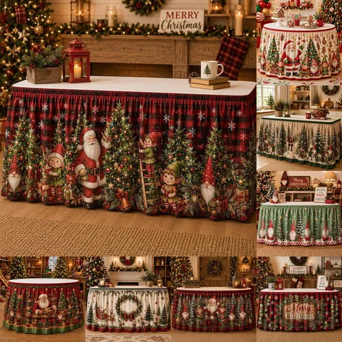Weihnachts Tischrock Weihnachtsmann Elch Druck Feiertag Party Tischdecke Polyester Dekorative Tischabdeckung Für Zuhause