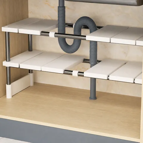 Retractable Stainless Steel Kitchen Under Sink Storage Rack Adjustable Tiered Organizer Shelf For Cabinet Countertop
