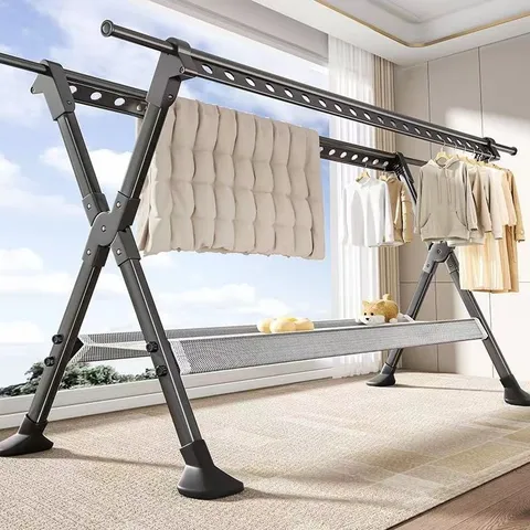Foldable Floor Clothes Drying Rack Telescopic Laundry Stand With Shoe Rack And Drying Net For Balcony Indoor