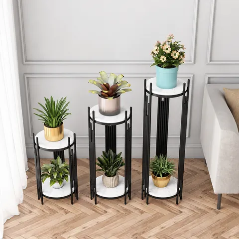 Nordic Light Luxury Metal Plant Stand Iron Flower Pot Holder Marble Pattern Panel Modern Living Room Floor Storage Rack