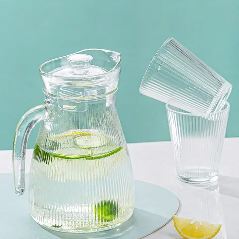 Glass Water Pitcher Set With Pot And Cups Clear Hammered Vertical Striped Design Home Kitchen Drinkware