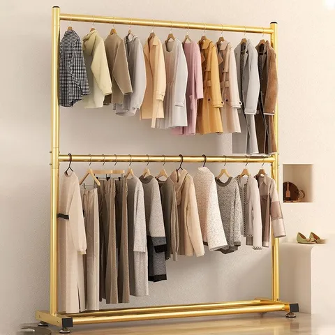 Dual Pole Clothes Rack Floor Standing Garment Storage Holder Heavy Duty Carbon Steel Balcony Bedroom Coat Hanger