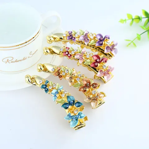 Vintage Alliage Peint Floral Pince Banane Strass Pince à Cheveux Élégants Accessoires Cheveux pour Femmes Coiffure Bijoux Cadeau