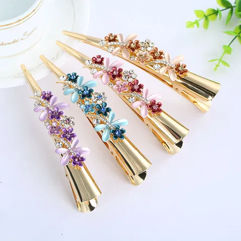 Pince Crabe en Alliage Peinture Cuite Style Coréen Femme Été Rétro Floral Strass Pince à Cheveux Accessoires Cheveux
