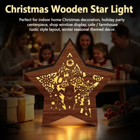 LED Luminous Wooden Christmas Decoration Ornaments Laser Cut Hollow Festive Desktop Display Stand Home Party Holiday Gift