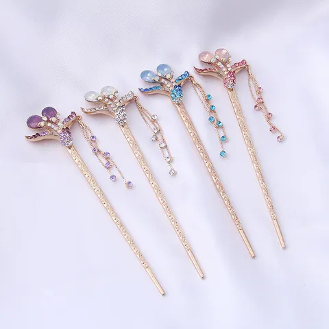 Vintage Alliage Floral Strass Fourche à Cheveux Glands Hanfu Épingle à Cheveux Élégants Accessoires Cheveux Mariée Femmes Bijoux