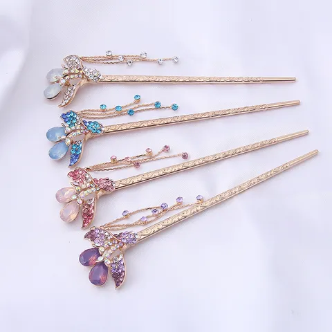 Vintage Alliage Floral Strass Fourche à Cheveux Glands Hanfu Épingle à Cheveux Élégants Accessoires Cheveux Mariée Femmes Bijoux