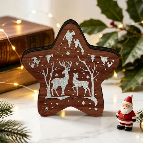 Wooden LED Christmas Luminous Ornament Pentagram Tree Hollow Carved Desktop Display Stand Holiday Party Gift