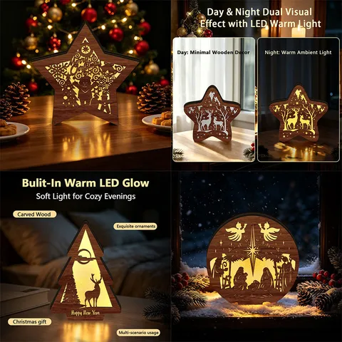 LED Luminous Wooden Christmas Decoration Ornaments Laser Cut Hollow Festive Desktop Display Stand Home Party Holiday Gift