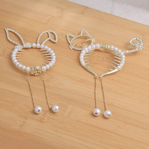 Pince à Cheveux Chignon Métal Or Strass Perle Artificielle Gland Forme Lapin Chat Mignon Accessoires Cheveux Femmes