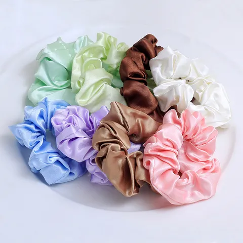 Chouchous en Tissu Satiné Couleur Unie Haute Élasticité Queue de Cheval Corde à Cheveux Accessoires Cheveux pour Femmes