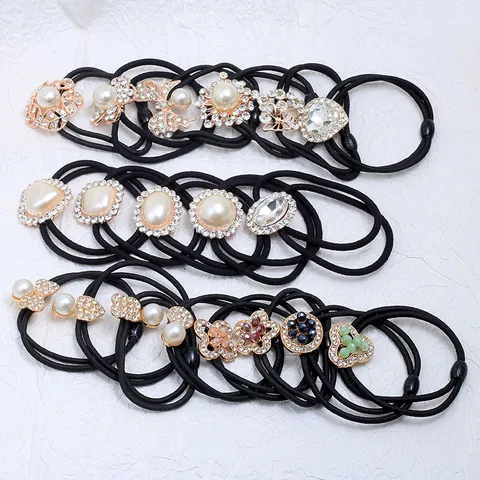 Élastique à Cheveux Mode Strass Perle Artificielle Alliage Nœud Cœur Attache Queue de Cheval Accessoires Cheveux Femme Fille