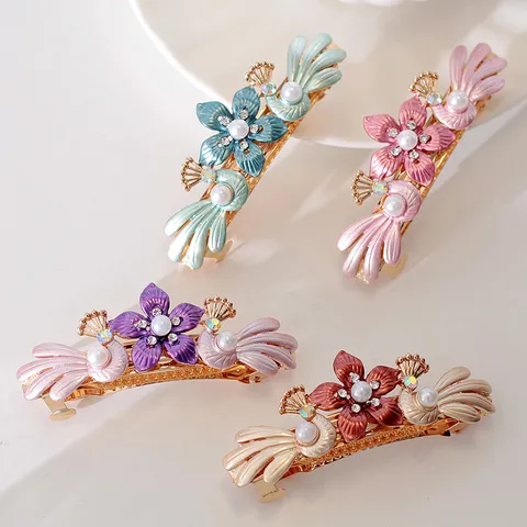 Femme Mode Alliage Pince à Ressort Cheveux Élégant Strass Perle Artificielle Paon Floral Barrette Accessoires