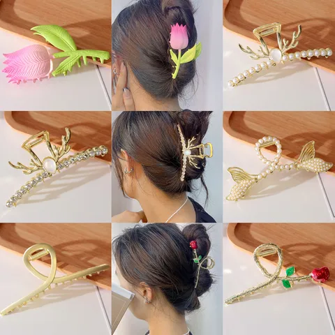 Style Coréen Grande Pince à Cheveux en Alliage Perle Artificielle Strass Pince Requin Fleur de Tulipe Accessoires de Cheveux pour Femmes