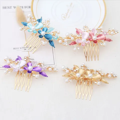 Korean Style Floral Hair Comb Alloy Rhinestone Artificial Pearl Insert Comb Women Wedding Performance Hair Accessories
