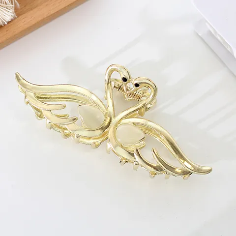 Pince à Cheveux Élégante Cygne Alliage Doré Pierre Œil de Chat Grande Pince Requin Accessoires Cheveux Femme