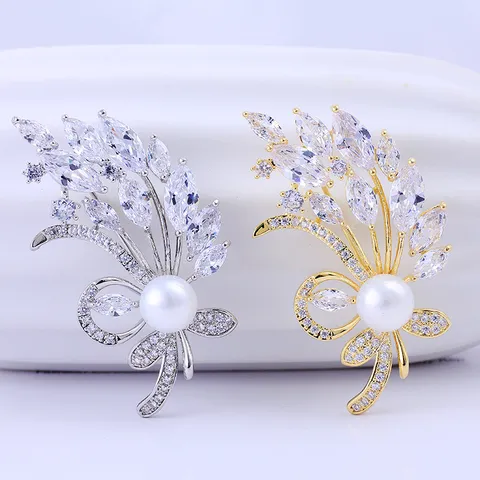 Exquisite Weizenähre Blume Brosche Nadel Kupfer Mikroeingelegt Zirkon Künstliche Perle Anzug Kleid Korsage High-End Schmuck
