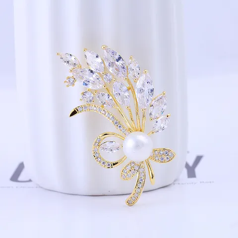 Exquisite Weizenähre Blume Brosche Nadel Kupfer Mikroeingelegt Zirkon Künstliche Perle Anzug Kleid Korsage High-End Schmuck