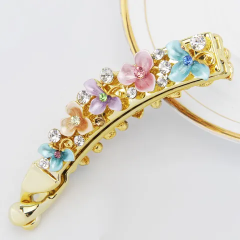 Pince Banane Florale en Alliage Grande Griffe de Cheveux Avec Strass Fleurs en Émail Accessoires de Cheveux Pour Femmes