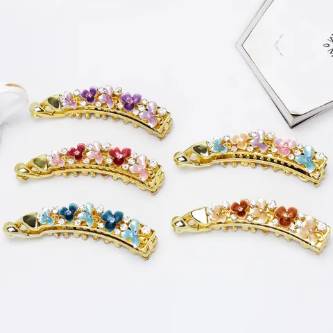 Pince Banane Florale en Alliage Grande Griffe de Cheveux Avec Strass Fleurs en Émail Accessoires de Cheveux Pour Femmes