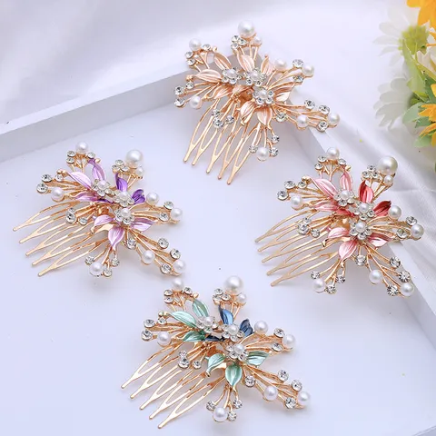 Korean Style Floral Hair Comb Alloy Rhinestone Artificial Pearl Insert Comb Women Wedding Performance Hair Accessories