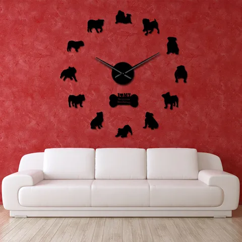 Modern DIY Acrylic Wall Clock Bulldog Wall Sticker Large Mirror Wall Watch Living Room Home Decor Art