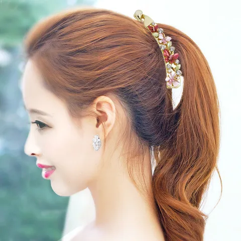 Grande Pince Banane Pour Femmes Allié Floral Laqué Support de Queue de Cheval Strass Accessoires de Cheveux Élégant Outil de Coiffure