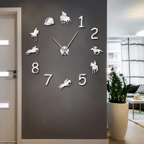 Large DIY Acrylic Wall Clock Horse Riding Equestrian Theme Mirror Wall Sticker Modern Living Room Home Decor