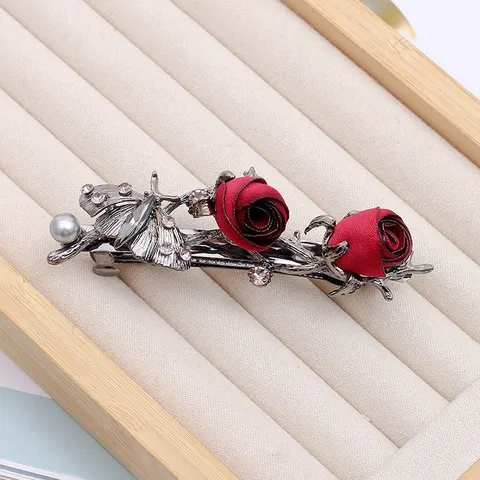 Style Coréen Vintage Foncé Tissu Rose Pince à Cheveux Ressort Alliage Strass Perle Artificielle Accessoires Cheveux Femme