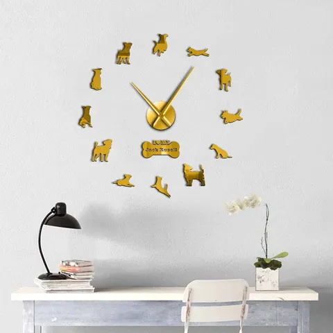 DIY Große Acryl Spiegel Wanduhr Hundesilhouette Modernes Design Leise Hängeuhr Für Wohnzimmer Heimdekoration