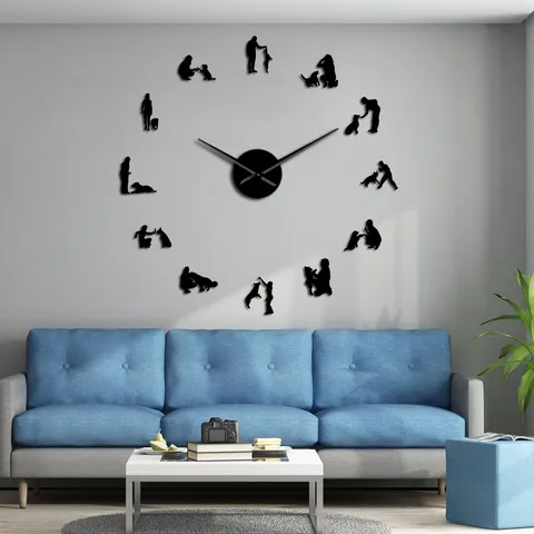 DIY 3D Acrylic Mirror Wall Clock Dog And Owner Silhouette Wall Sticker European Style Large Decorative Clock For Living Room