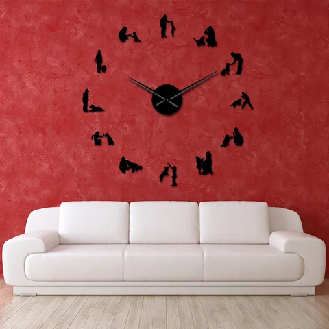 DIY 3D Acrylic Mirror Wall Clock Dog And Owner Silhouette Wall Sticker European Style Large Decorative Clock For Living Room
