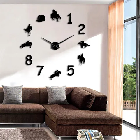 Large DIY Acrylic Wall Clock Horse Riding Equestrian Theme Mirror Wall Sticker Modern Living Room Home Decor