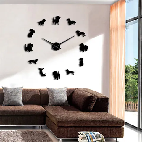 DIY Acrylic Wall Clock Modern Dachshund Dog Silhouette Wall Sticker Silent Timepiece For Living Room Home Decor