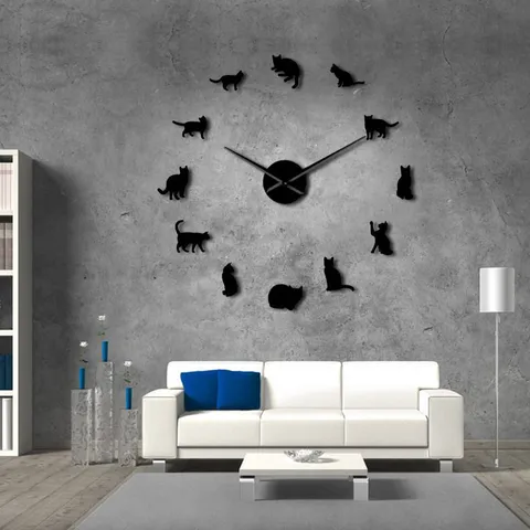 DIY Giant Cat Wall Clock Modern Acrylic Mirror Wall Stickers Silent Large Watch Home Living Room Background Wall Decor