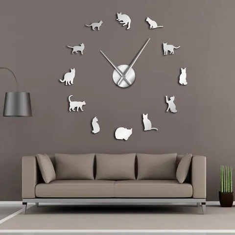 DIY Giant Cat Wall Clock Modern Acrylic Mirror Wall Stickers Silent Large Watch Home Living Room Background Wall Decor