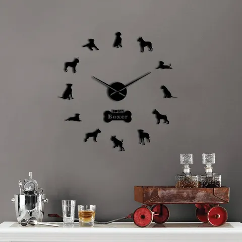 DIY Acryl Spiegel Wanduhr Boxer Hund Silhouette Grosse Wandhängeuhr Moderne Heim Wohnzimmer Dekoration Kunst