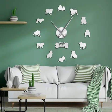 Modern DIY Acrylic Wall Clock Bulldog Wall Sticker Large Mirror Wall Watch Living Room Home Decor Art