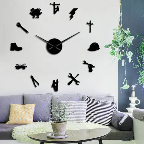3D Acrylic DIY Wall Clock Modern Electric Tool Theme Large Mirror Wall Sticker Frameless Art Clock For Home Office Decor