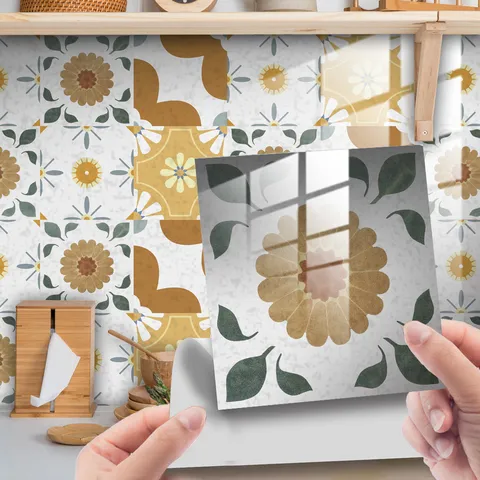 Autocollants de Carrelage en Cristal Floral Géométrique Rétro Imperméable Autocollants Muraux Auto-Adhésifs Pour Cuisine Salle de Bain