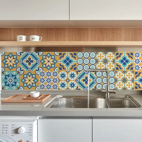 Adhesivos de Pared de Azulejos de Mosaico Vintage Impermeables Autoadhesivos Patrón Geométrico Retro PVC Calcomanías Para Cocina Baño Decoración del Hogar
